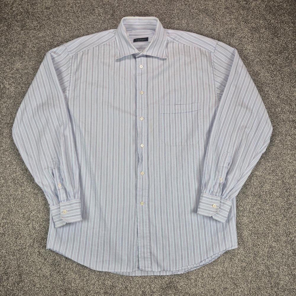 Canali Dress Shirt Mens 16.5 42 Blue Striped Long Sleeve Button Up Made in Italy